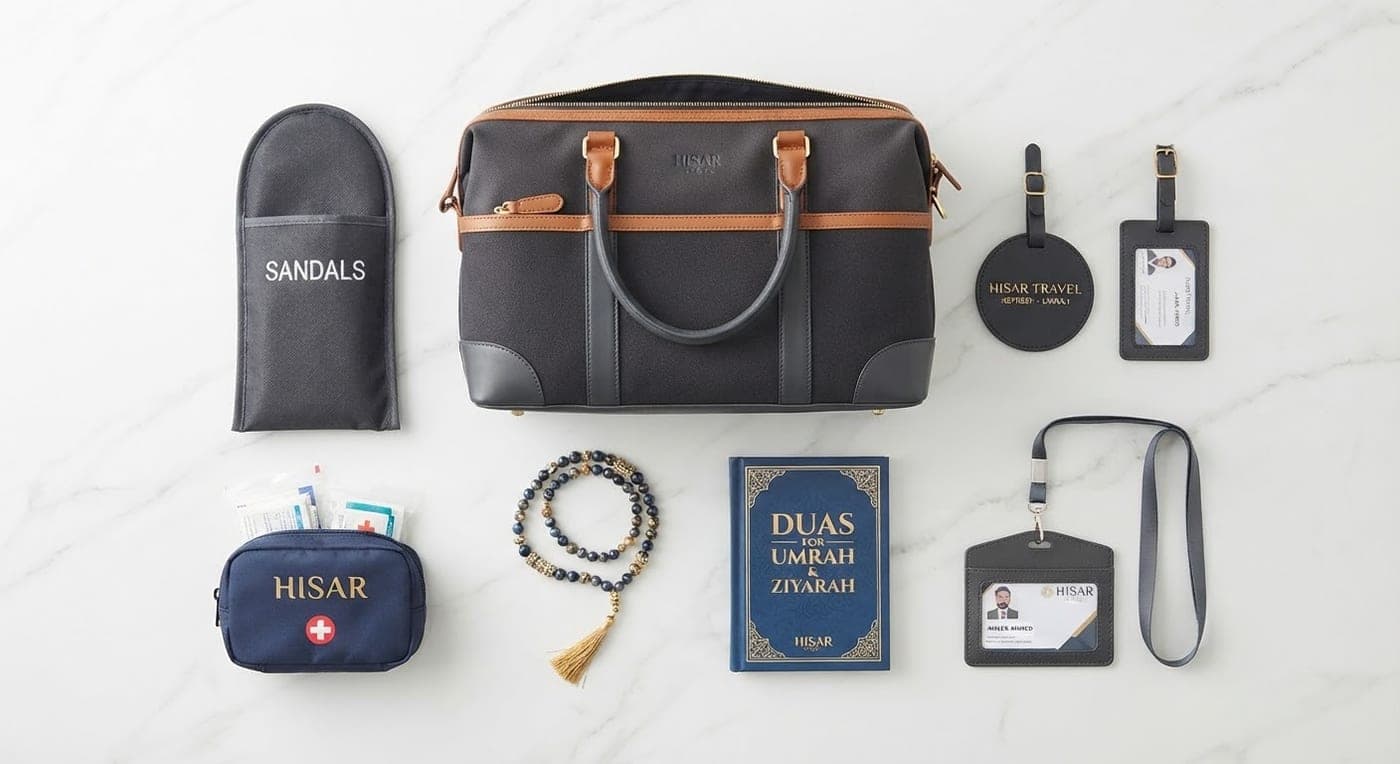 The free Hisar Travel Umrah kit — travel bag, tasbeeh, duas booklet, sandals pouch, first aid kit and ID card holder